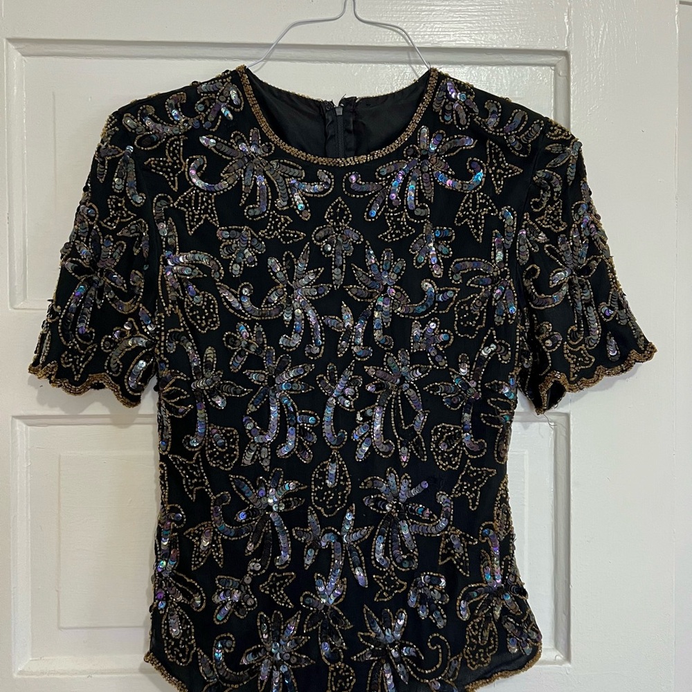 Vintage Silk Papell Boutique Beaded Sequin Evening Top S Black Gold Iridescent - Picture 3 of 8